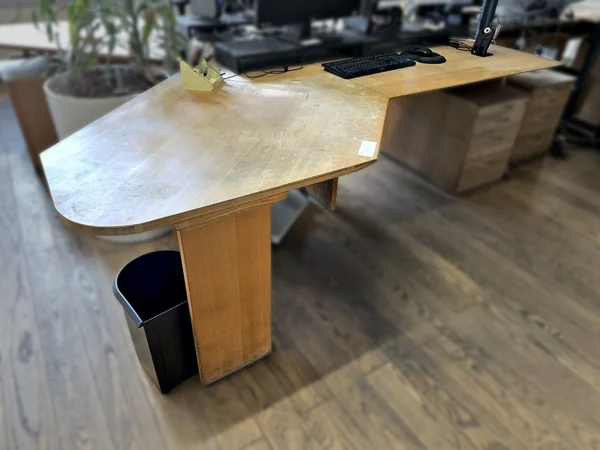 Schreibtisch mit ovaler Anbauplatte und Standcontainer